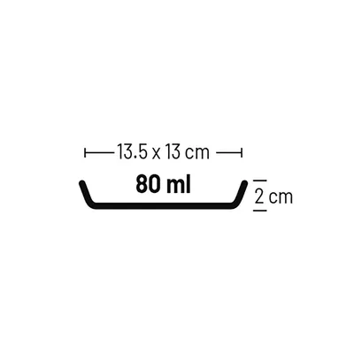 Dimensiuni și capacitate: 13,5 x 13 cm, înălțime 2 cm, volum 80 ml.
