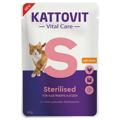 Kattovit Vital Care Sterilised mit Huhn, 85g. Für kastrierte Katzen, unterstützt gesunden Stoffwechsel. Verpackung zeigt orange-weisse Katze und Icons für Huhn, Gewicht und Gesundheit.