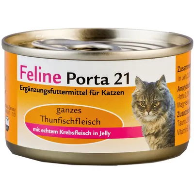 Feline Porta 21 -täydennysravinto kissoille, kokonainen tonnikalafile, aitoa rapulihaa hyytelössä. Teksti saksaksi. Kuvassa kissan kuva purkin etiketissä.