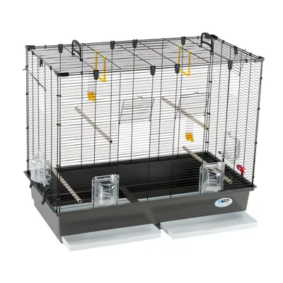 Vogelkäfig mit Metall-Gitterwänden, Kunststoffboden, zwei Futterspendern, Sitzstangen und gelben Halterungen. Geeignet für Innenräume.