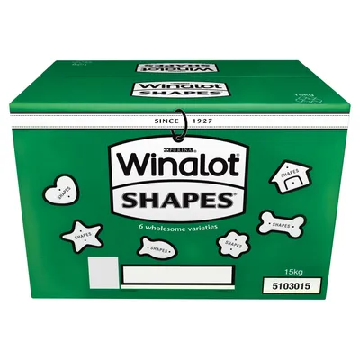 Winalot Shapes box showing 6 wholesome varieties, assorted treat shapes, and pack weight of 15kg.