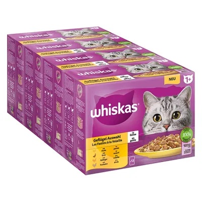 Whiskas Geflügel Auswahl 1+ balení kapsiček pro kočky, 12×100 g, s obrázkem kočky a miskou krmiva. Text: Huhn, Ente, Ente, Geflügel, Truthahn. 100 % kompletní krmivo.