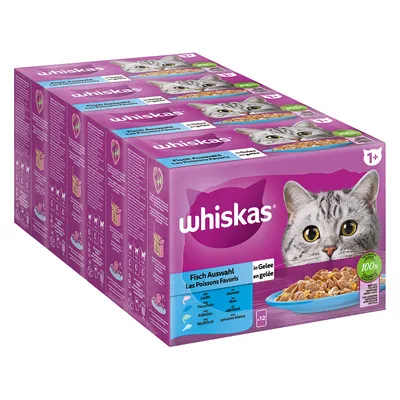 Whiskas rybí výber v želé, 12 porcií pre mačky od 1 roka. Druhy: losos, tuniak, treska, biely ryby. 100% vyvážená výživa.