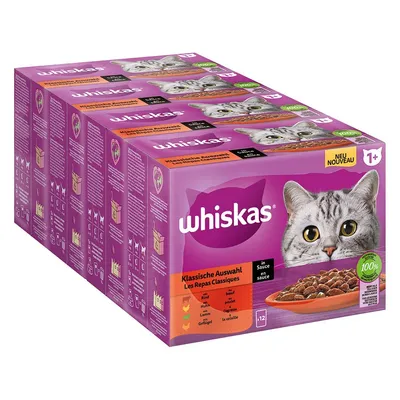 Balení kapsiček Whiskas Klassische Auswahl in Sauce pro kočky, 1+, 100 % kompletní, 12×. Na obalu obrázek kočky a misky s krmivem, text v němčině a francouzštině.