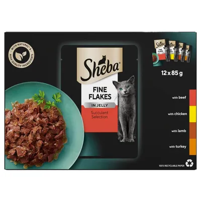 Sheba Fine Flakes in Jelly Succulent Selection, 12 x 85g, with beef, chicken, lamb and turkey. Made with natural, high quality ingredients. 100% recyclable paper packaging.