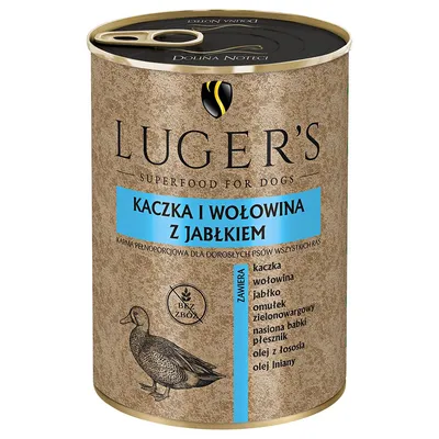 Luger's Superfood for Dogs. Pełnoporcjowa karma z kaczką, wołowiną i jabłkiem. Składniki: kaczka, wołowina, jabłko, ekstrakt z zielonych małży, łuski babki jajowatej, olej z łososia, olej lniany. Bez zbóż.