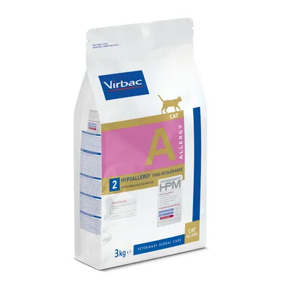 Virbac Veterinary HPM Cat Allergy A, 3 kg. Hypoallergy Food Intolerance con proteína hidrolizada FSP. Para gatos de todos los tamaños. Texto en inglés visible en el envase.