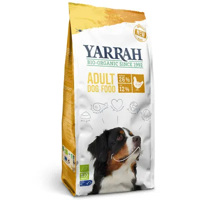 Yarrah Bio-Organic Since 1992 Adult Dog Food, proteină 26 %, grăsimi 12 %, imagine câine, certificare BIO Organic, rețetă nouă. Ambalaj hrană uscată pentru câini adulți.