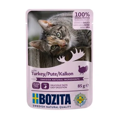 Bozita kattenvoer met kalkoen, 85 g. Tekst: 100% dierlijk eiwit, graanvrij recept, gemakkelijke vertering, Zweedse natuurlijke ingrediënten. Met afbeelding van een kat.