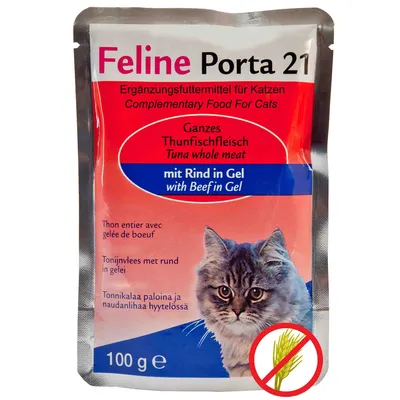 Feline Porta 21 kiegészítő eledel macskáknak, egész tonhalhús marhahússal zselében, 100 g, gabonamentes piktogram látható a csomagoláson.
