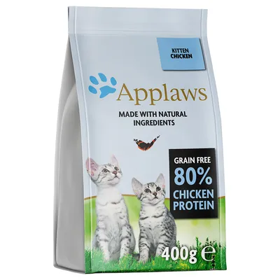 Applaws Kitten Chicken, 400g. Iz naravnih sestavin, brez žit, 80 % piščančjih beljakovin. Embalaža prikazuje dve mucki in metulja.