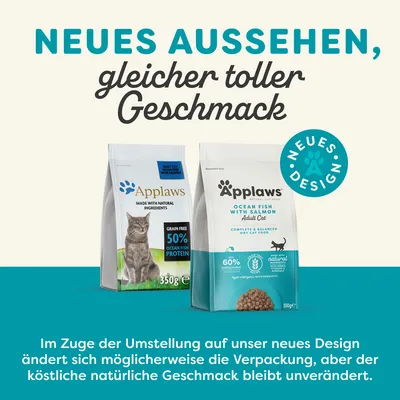 Applaws Katzenfutter mit neuem Design, gleicher Geschmack. Varianten: Ocean Fish Protein 50%, Ocean Fish with Salmon 60%. Verpackung kann sich ändern, natürliche Zutaten bleiben gleich.