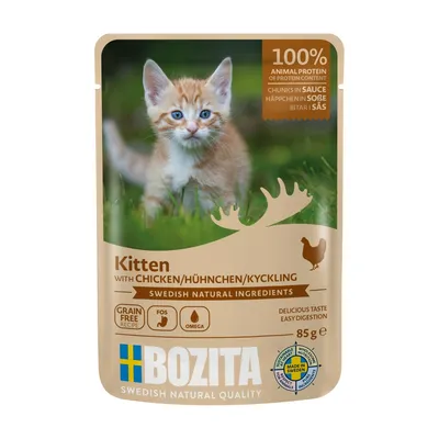 Kitten food with chicken, 100% animal protein, chunks in sauce, grain free recipe, contains FOS and omega, Swedish natural ingredients, 85g pouch, made in Sweden.