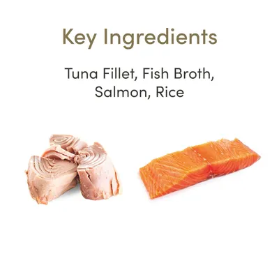 Основные ингредиенты: Tuna Fillet, Fish Broth, Salmon, Rice. На изображении кусочки тунца и лосося. Текст на английском языке.