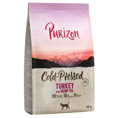 Purizon Cold-Pressed Turkey with Hemp Oil, 90% Premium-Inhaltsstoffe, 10% Gemüse, 0% Getreide. Packungsgrösse: 2,5 kg.