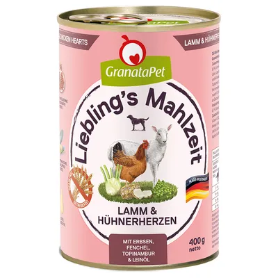 GranataPet Liebling's Mahlzeit lamb & chicken hearts with peas, fennel, Jerusalem artichoke & linseed oil. Made in Germany. 400g net. Grain-free.
