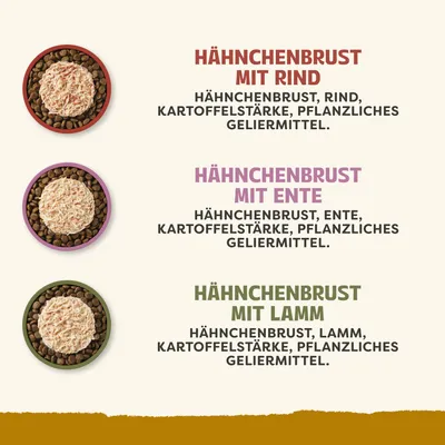 Hähnchenbrust mit Rind, Ente oder Lamm. Zutaten: Hähnchenbrust, Rind/Ente/Lamm, Kartoffelstärke, pflanzliches Geliermittel. Hähnchenbrust mit Rind, Ente oder Lamm. Zutaten: Hähnchenbrust, Rind/Ente/Lamm, Kartoffelstärke, pflanzliches Geliermittel.