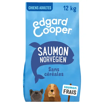 Edgard Cooper hondenvoer, 12 kg, Saumon Norvégien, Sans céréales, saumon frais. Voor volwassen honden. Tekst deels in Frans.