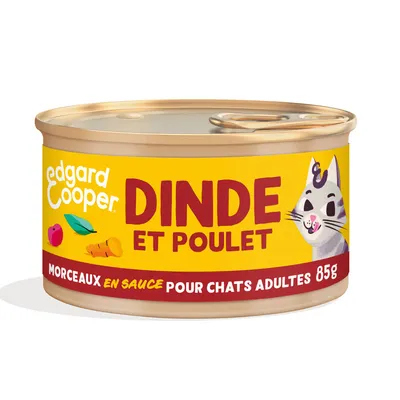 edgard & cooper DINDE ET POULET, morceaux en sauce pour chats adultes, 85g. Texte et illustrations visibles sur la boîte.