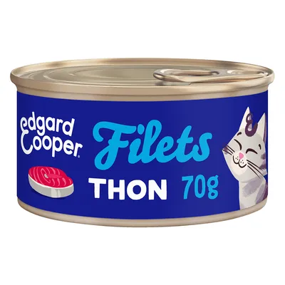 Edgard Cooper Filets thon, boîte de 70g. Illustration d’un chat heureux et d’un filet de thon sur fond bleu.