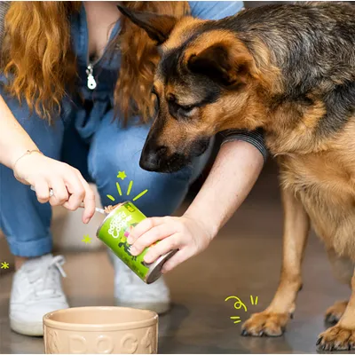 Persoon vult natvoer uit een groen blik in een hondenbak terwijl een hond nieuwsgierig toekijkt.