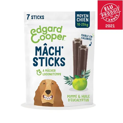 Edgard Cooper Mâch' Sticks pour chiens de taille moyenne (10-25 kg), 7 pièces, avec pomme et huile d'eucalyptus, faible en calories. Produit de l'année 2021.