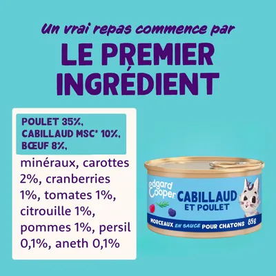 edgard cooper cabillaud et poulet, morceaux en sauce pour chatons 85g. Ingrédients : poulet 35 %, cabillaud MSC 10 %, bœuf 8 %, carottes 2 %, cranberries 1 %, tomates 1 %, citrouille 1 %
