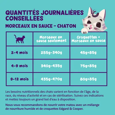 Tableau des quantités journalières conseillées pour chaton : 2–4 mois 255g–340g ou 45g+85g, 4–9 mois 340g–435g ou 75g+85g, 9–12 mois 435g–470g ou 80g+85g.