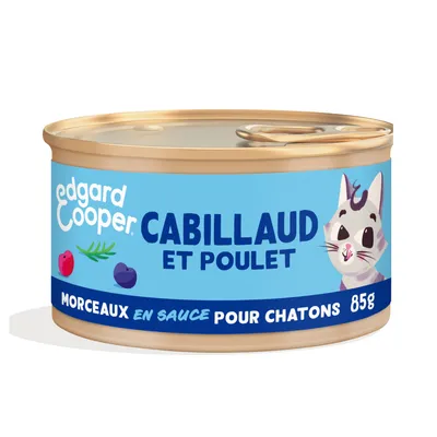 Edgard Cooper Cabillaud et Poulet, morceaux en sauce pour chatons, 85 g. Illustration de chat sur l’étiquette.