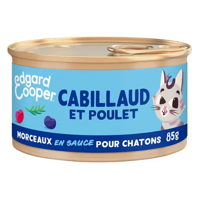 Edgard & Cooper Cabillaud et Poulet, morceaux en sauce pour chatons, 85g. Tekst op blik in het Frans.