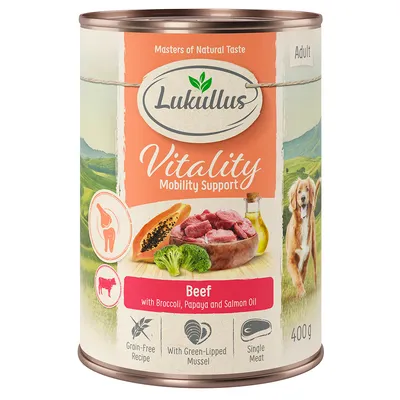 Lukullus Vitality Mobility Support Adult, Rind mit Brokkoli, Papaya und Lachsöl. Getreidefreie Rezeptur, Grünlippmuschel, Single Meat. 400g Dose.