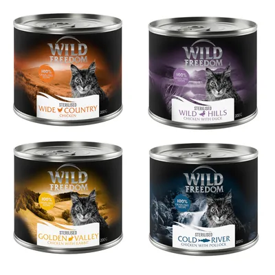 Wild Freedom Sterilised karma dla kotów, warianty: Wide Country Chicken, Wild Hills Chicken with Duck, Golden Valley Chicken with Rabbit, Cold River Chicken with Pollock, puszki 200g.