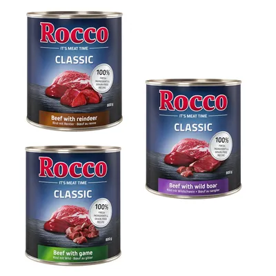 Rocco Classic Nassfutter, Sorten: Rind mit Rentier, Rind mit Wildschwein, Rind mit Wild. 100% frische Zutaten, getreidefreie Rezeptur, 800g Dosen.