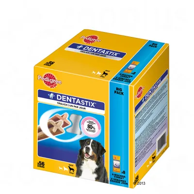 Pedigree Dentastix Maxi, 56 stuks. Voor honden vanaf 25 kg. Big Pack. Vermindert tandsteen tot 80%. Afbeelding van een hond en twee Dentastix op de verpakking.
