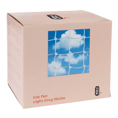 Tiaki Cat Net Light Grey 10x3m, embalagem com imagem de uma rede cinzenta sobre céu azul.