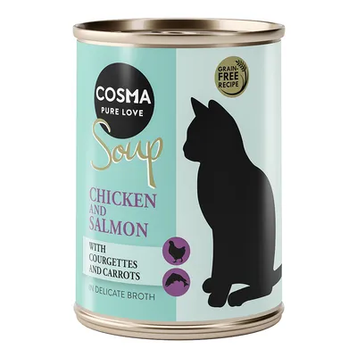 Cosma Soup Chicken and Salmon with courgette and carrots in delicate broth. Grain-free recipe, image of a cat and icons for chicken and salmon.