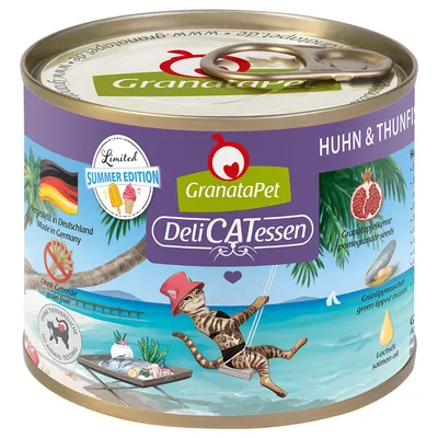 Консерва GranataPet DeliCATessen, Limited Summer Edition, Huhn & Thunfisch. Видими надписи: Made in Germany, Ohne Getreide, Ohne Tierversuche, гранат, мида, сьомгово масло.