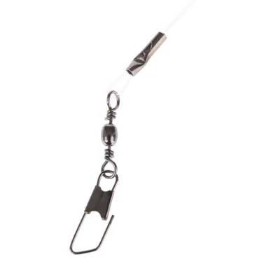 Attache métallique avec émerillon et mousqueton, fixée à un fil transparent. Matériau visible : métal.