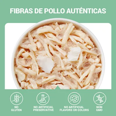 Fibras de pollo auténticas. No gluten, no artificial preservative, no artificial flavors or colors, non GMO (texto en inglés). Imagen de tazón con tiras de pollo.