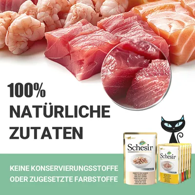 100% natürliche Zutaten. Keine Konservierungsstoffe oder zugesetzte Farbstoffe. Schesir Katzenfutter mit Thunfisch und Lachs, Verpackung sichtbar.