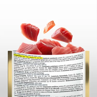 Zusammensetzung: Thunfisch 55%, Lachs 41%, Reis 15%. Analytische Bestandteile: Protein 11%, Rohfett 1%, Rohfaser 1%. Hinweise zur Verwendung und Mindesthaltbarkeitsdatum auf der Verpackung.