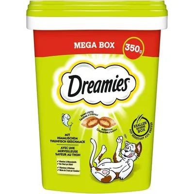 Dreamies Mega Box 350g, met tonijnsmaak. Tekst: 'Mit himmlischem Thunfisch Geschmack', afbeelding van kat en vis, verpakking met klauwresistente box.