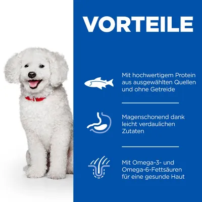 VOORDELEN: Met hoogwaardig eiwit uit geselecteerde bronnen en zonder granen. Licht verteerbare ingrediënten, maagvriendelijk. Met omega-3- en omega-6-vetzuren voor een gezonde huid.