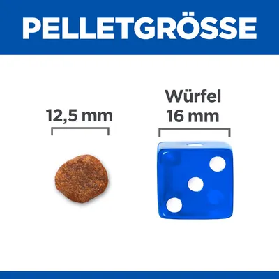 Pelletgrootte: vergelijking tussen een pellet met 12,5 mm diameter en een blauwe kubus met een ribbe van 16 mm.