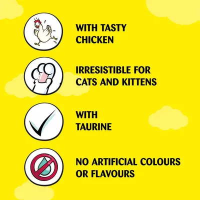 With tasty chicken, irresistible for cats and kittens, with taurine, no artificial colours or flavours.