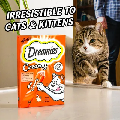 Dreamies Creamy treats with chicken, no added sugar, taurine, no artificial colours or flavours. Text: Irresistible to cats and kittens. Cat approaching product box.
