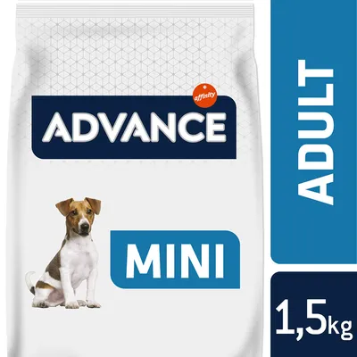 Advance affinity MINI ADULT koiranruokapakkaus, valkoinen ja sininen, pieni koira kuvassa, paino 1,5 kg näkyvissä
