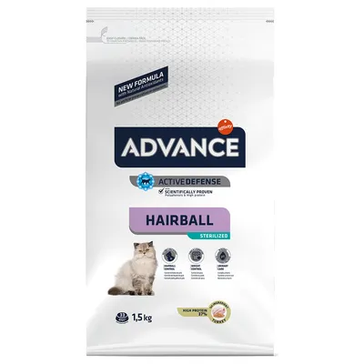 Опаковка Advance Hairball Sterilized 1,5 кг за котки, с лого Active Defense, снимка на котка, надписи: High Protein 37 %, Chicken & Turkey, Hairball Control, Weight Control, Urinary Care.