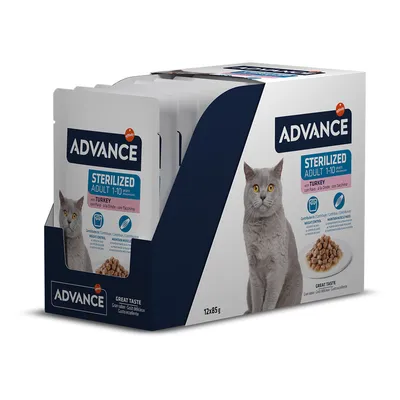 Advance Sterilized Adult 1–10 years with Turkey, паучове за котки, 12×85 г. Изображение на сива котка и купичка с храна. Видими пиктограми за контрол на теглото и мускулна маса.