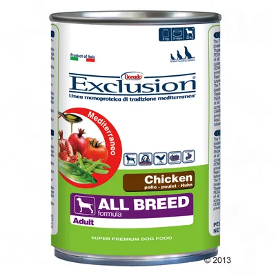 Dorado Exclusion All Breed Adult Chicken koiran märkäruoka, Mediterranean, kana, super premium dog food. Tuotemerkinnät: Product of Italy, 3 kg, 10 days, 20 kg.